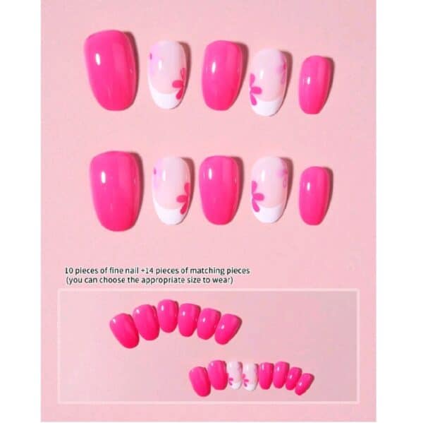Press-on Nails Ψεύτικα νύχια σετ nail art 24 Τμχ  + 1 κόλλα- Fucshia Flowers - Image 2