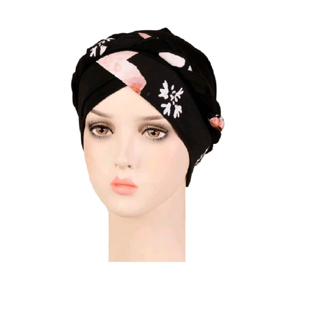black-braid-turban-woman Γυναικείο Μαλακό Τουρμπάνι μαλλιών braid - Black flowers (Μαύρο) - Image 1