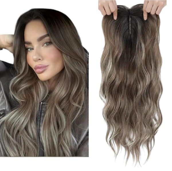 Γυναικείο Topper Τουπέ κορυφής μαλλιών με κλιπ μεγάλης επιφάνειας - Brown/grey Ανταύγειες 18 inches - Image 2