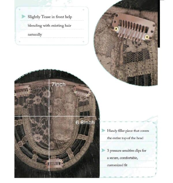 Topper- Τουπέ κορυφής με κλιπ μεγάλης επιφάνειας με φυσική τρίχα - Μαύρο χρώμα 18inches - Image 3