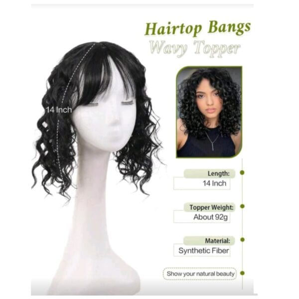Topper- Τουπέ κορυφής με κλιπ μεγάλης επιφάνειας  με μπούκλες - Μαύρο χρώμα 14 inches - Image 2