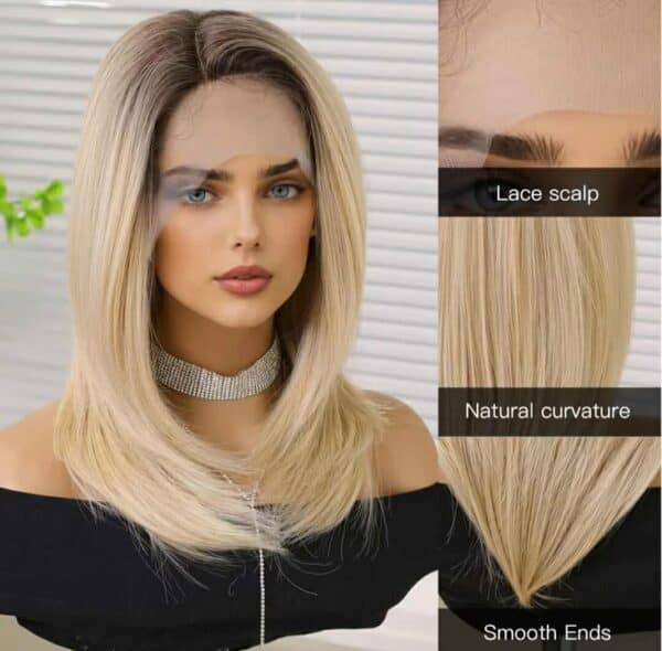 Γυναικεία περούκα Full lace 13x6 (αόρατη εφαρμογή) σε Ξανθό με σκούρη ρίζα συνθετική υψηλής ποιότητας 18 inches - Image 5