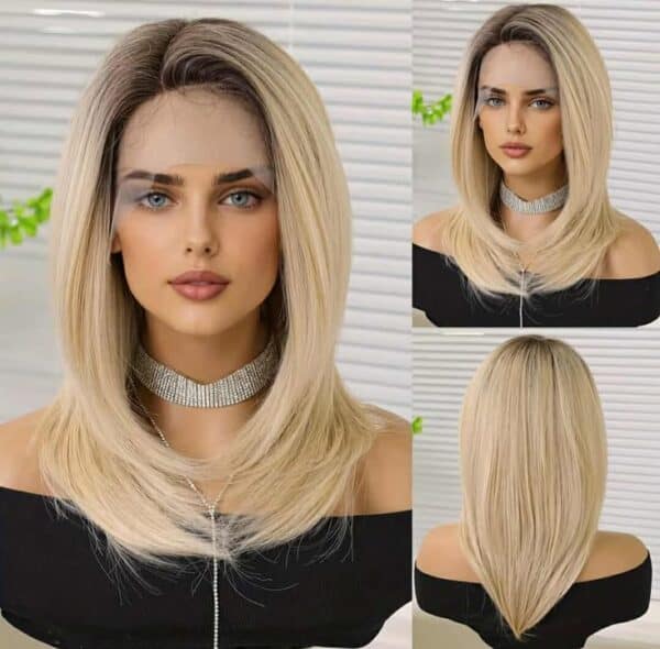 Γυναικεία περούκα Full lace 13x6 (αόρατη εφαρμογή) σε Ξανθό με σκούρη ρίζα συνθετική υψηλής ποιότητας 18 inches - Image 2