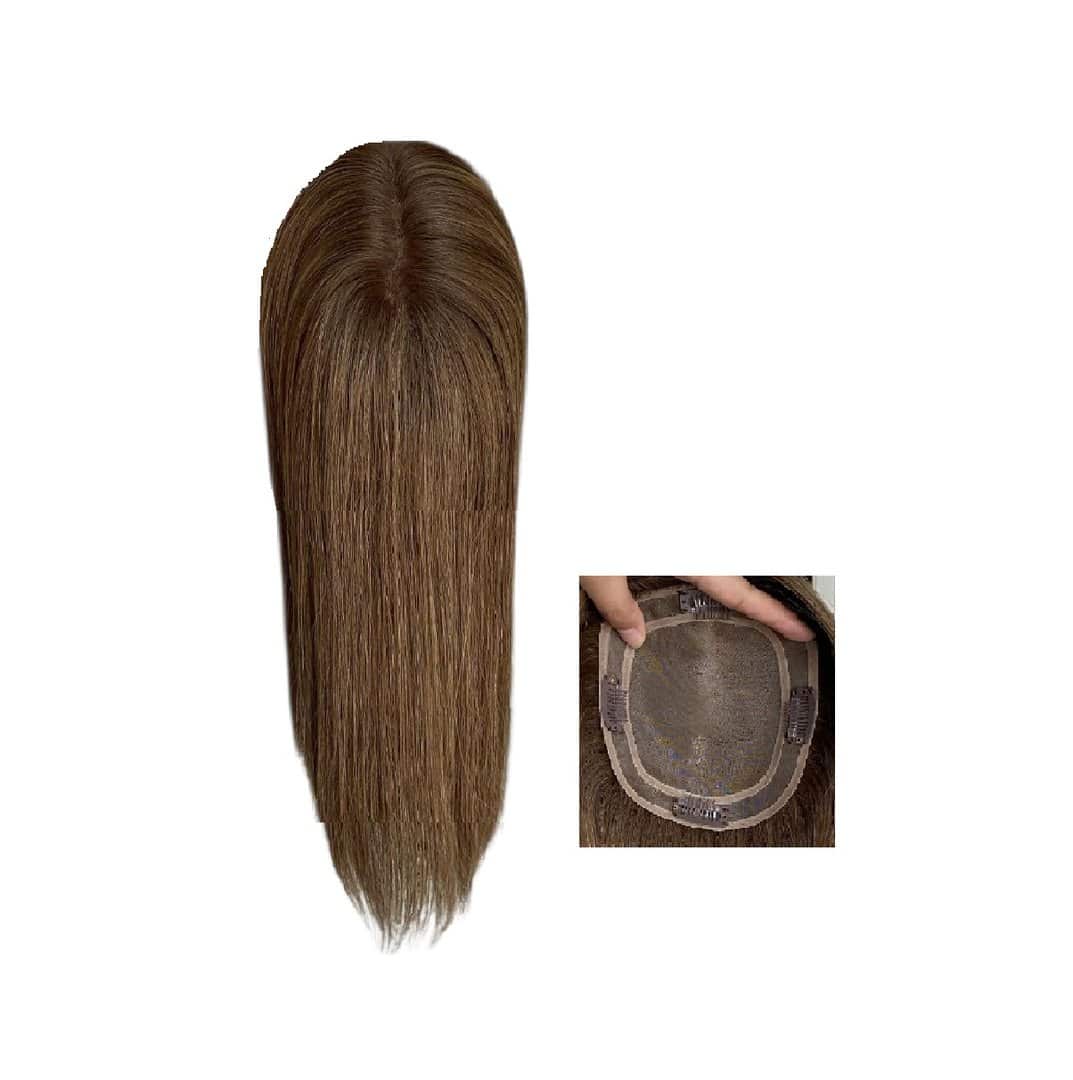 HAIR-TOPPER-HUMAN-HAIR-14-INCHES-HAIRLOSS Γυναικείο Topper Τουπέ κορυφής μαλλιών από φυσική τρίχα με διάφανη βάση 13cm*15cm - Καστανό με μελί ανταύγειες SBB 14 inches - Image 1