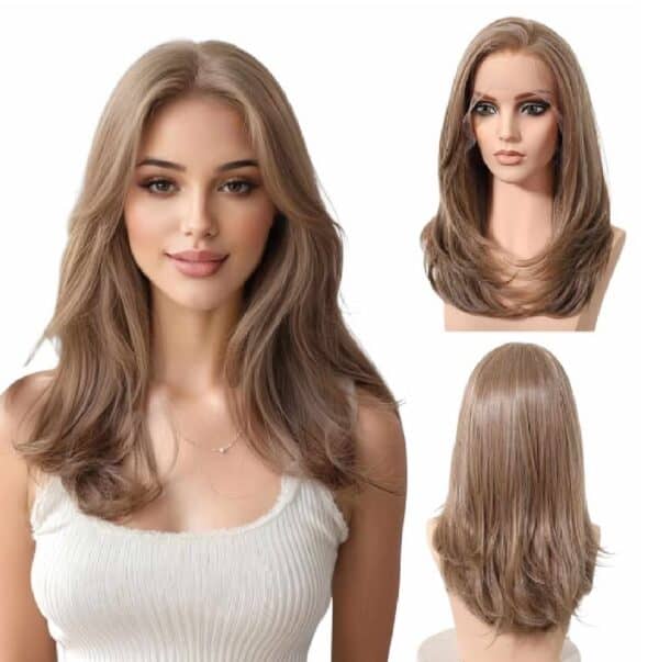 Γυναικεία περούκα Full lace 13x6 (αόρατη εφαρμογή) σε καστανό ανοιχτό χρώμα συνθετική υψηλής ποιότητας 18 inches - Image 2