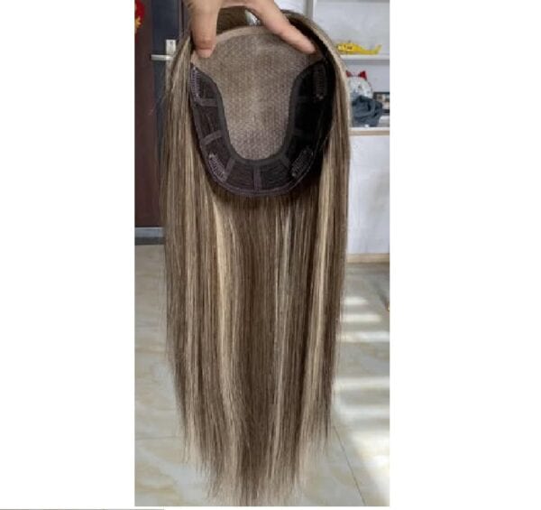 Γυναικείο Topper Τουπέ κορυφής μαλλιών από φυσική τρίχα με ημιδιάφανη βάση 16cm*17cm - Καστανό με ανταύγειες 16 inches - Image 3