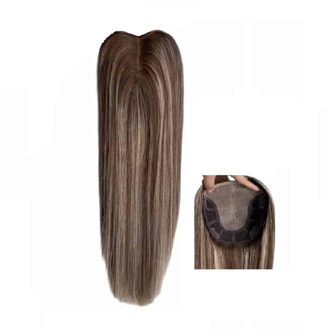 hair-topper-brown-highlights-big-base-alopecia-hairloss Γυναικείο Topper Τουπέ κορυφής μαλλιών από φυσική τρίχα με ημιδιάφανη βάση 16cm*17cm - Καστανό με ανταύγειες 16 inches - Image 1