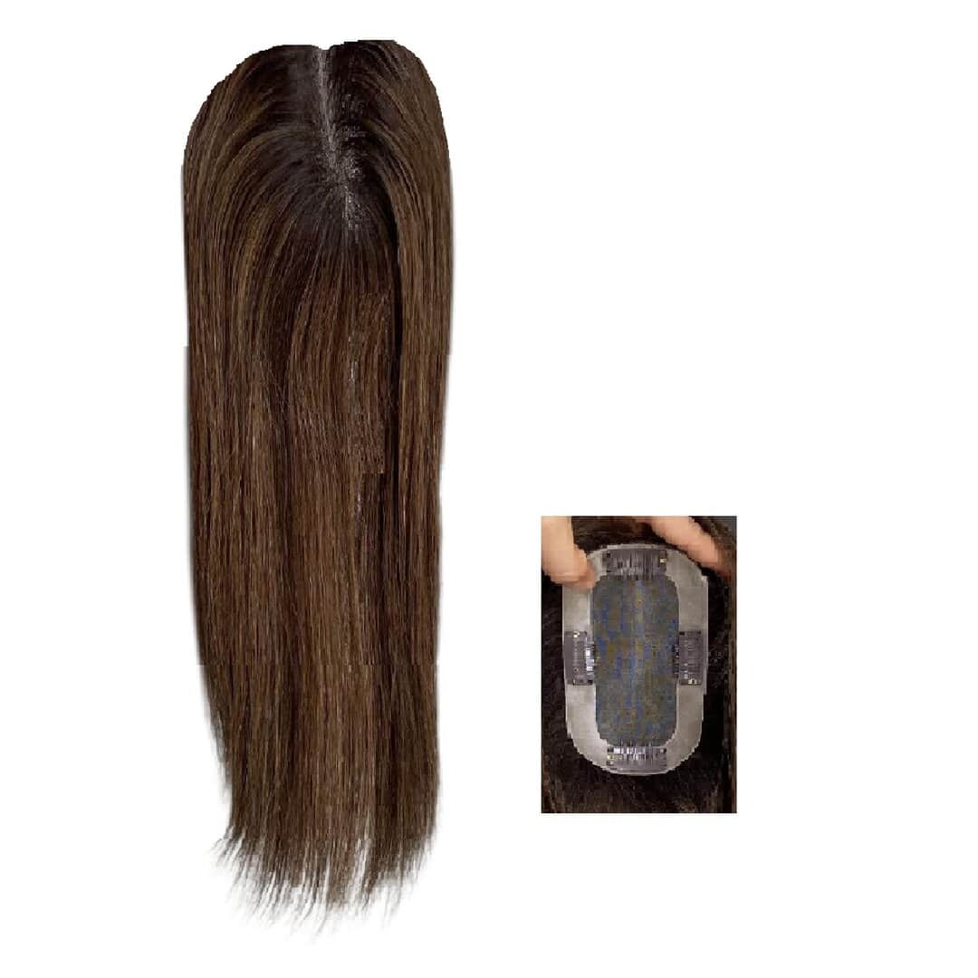hawaii-human-hair-topper-hairloss-alopecia-brown Γυναικείο Topper Τουπέ κορυφής μαλλιών από φυσική τρίχα με διάφανη βάση 8cm*14cm - Καστανό σκούρο μελί ανταύγειες Hawaii 18 inches - Image 1