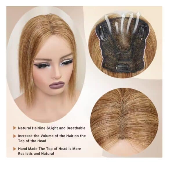 Γυναικείο Topper Τουπέ κορυφής μαλλιών από φυσική τρίχα  Full lace ( ραμμένο σε διαφάνεια ) - Καστανό με ανταύγειες 12 inches - Image 2