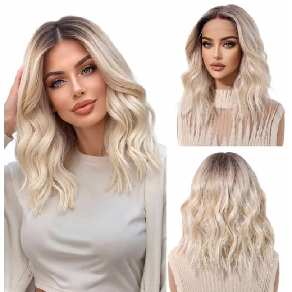 Γυναικεία περούκα Full lace 13x6 (αόρατη εφαρμογή) σε ξανθό με σκούρη ρίζα χρώμα συνθετική υψηλής ποιότητας 16 inches - Image 2