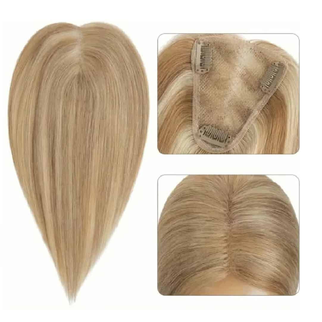 topper-human-hair-hairpiece-highlights-blonde Γυναικείο Topper Τουπέ κορυφής μαλλιών από φυσική τρίχα Full lace ( ραμμένο σε διαφάνεια ) - Ξανθό με ανταύγειες 11 inches - Image 1