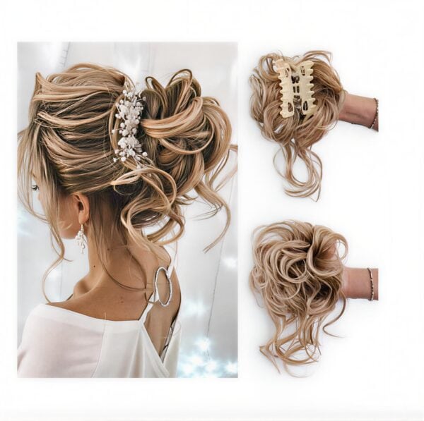 Ποστίς Κότσος συνθετική τρίχα υψηλής ποιότητας με αφέλειες και  κλάμερ τοποθέτησης- Ξανθό σκούρο - Image 2