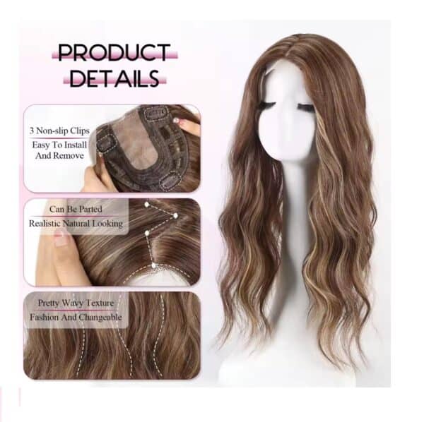 Γυναικείο Topper Τουπέ κορυφής μαλλιών με κλιπ μεγάλης επιφάνειας και lace front (διαφάνεια) 20 inches - Καστανό με ανταύγειες  χρώμα - Image 4