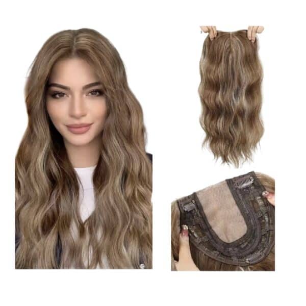 Γυναικείο Topper Τουπέ κορυφής μαλλιών με κλιπ μεγάλης επιφάνειας και lace front (διαφάνεια) 20 inches - Καστανό με ανταύγειες  χρώμα - Image 2