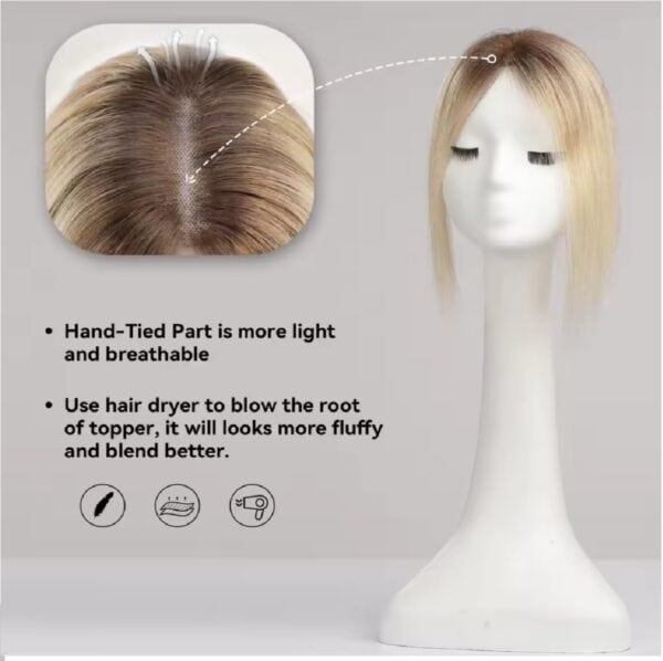 Γυναικείο Topper Τουπέ κορυφής μαλλιών από φυσική τρίχα  Full lace ( ραμμένο σε διαφάνεια ) - Ξανθό ombre σκούρη ρίζα 12 inches - Image 2