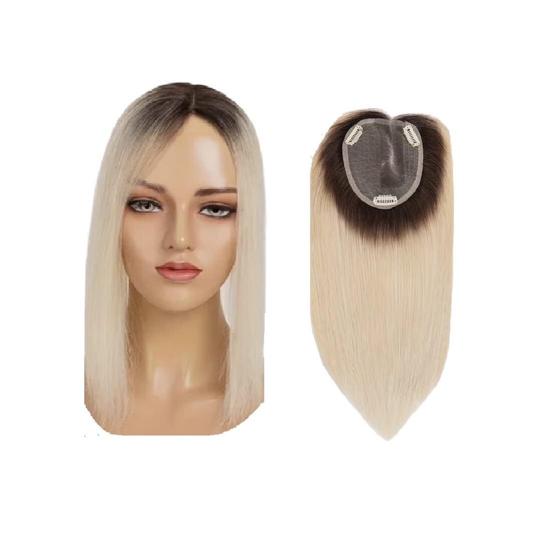 topper-human-hair-dark-root-blonde-14 inches Γυναικείο Topper Τουπέ κορυφής μαλλιών από φυσική τρίχα Full lace ( ραμμένο σε διαφάνεια ) - Ξανθό ombre σκούρη ρίζα 14 inches - Image 1