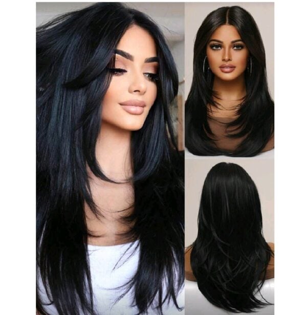 Γυναικεία περούκα σε μαύρο χρώμα συνθετική υψηλής ποιότητας 26 inches - Image 2