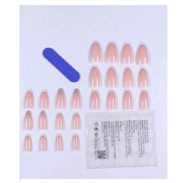 Press-on Nails Ψεύτικα νύχια σετ nail art 24 Τμχ  + 1 κόλλα- French Γαλλικό με glitter ασημί - Image 2