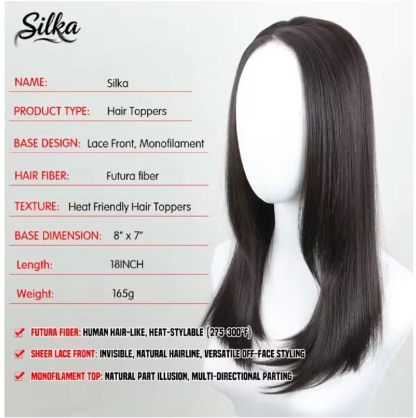 Γυναικείο Topper Τουπέ κορυφής μαλλιών με κλιπ μεγάλης επιφάνειας και διάφανη χωρίστρα 18 inches συνθετική τρίχα Kanekalon- Καστανό σκούρο χρώμα - Image 2