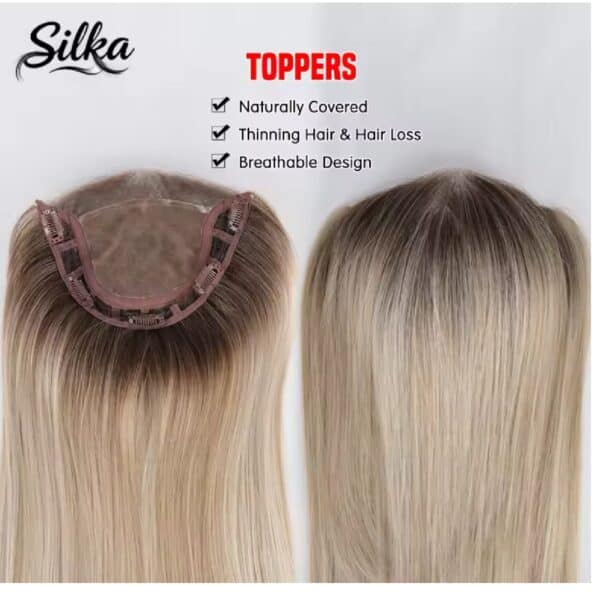 Γυναικείο Topper Τουπέ κορυφής μαλλιών με κλιπ μεγάλης επιφάνειας και διάφανη χωρίστρα 18 inches συνθετική τρίχα Kanekalon- Ξανθό με ανταύγειες και σκούρη ρίζα χρώμα - Image 3