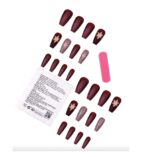 Press-on Nails Ψεύτικα νύχια σετ nail art 24 Τμχ  + 1 κόλλα- Metallic Μπορντό με snowflake - Image 2