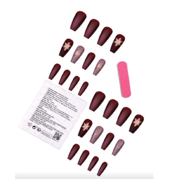 Press-on Nails Ψεύτικα νύχια σετ nail art 24 Τμχ  + 1 κόλλα- Metallic Μπορντό με snowflake - Image 2