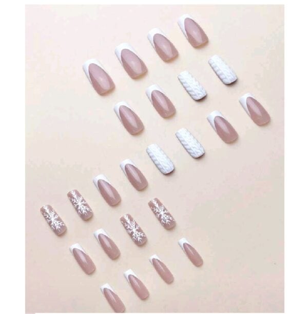 Press-on Nails Ψεύτικα νύχια σετ nail art 24 Τμχ  + 1 κόλλα- French Γαλλικό με σχέδιο snowflake - Image 2