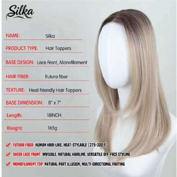 Γυναικείο Topper Τουπέ κορυφής μαλλιών με κλιπ μεγάλης επιφάνειας και διάφανη χωρίστρα 18 inches συνθετική τρίχα Kanekalon- Ξανθό με ανταύγειες και σκούρη ρίζα χρώμα - Image 2