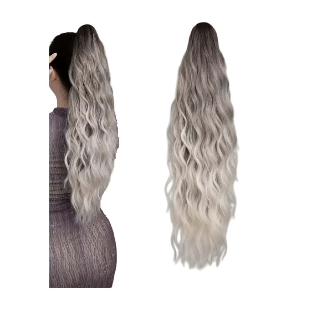 Ponytail-woman-balayage-grey-white-woman-hair Ποστίς Αλογοουρά curly Ponytail συνθετική τρίχα υψηλής ποιότητας με κλάμερ- Balayage γκρι πλατινα Wavy χρώμα 24 inches - Image 1