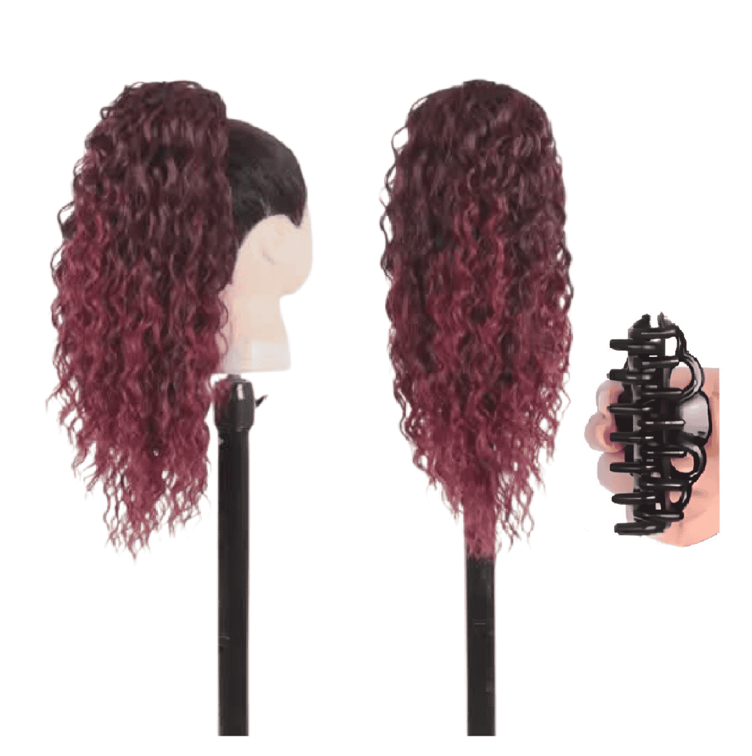 kanekalon-ponytail-dark-red-burgundy-water-wave-20-inches-claw Ποστίς Αλογοουρά Ponytail συνθετική τρίχα Kanekalon υψηλής ποιότητας με Κλάμερ - Water wave Κόκκινο Burgundy χρώμα #T1b/Bug 50cm - Image 1