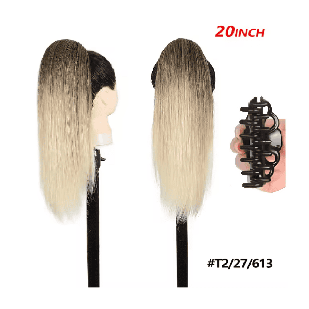 kanekalon-ponytail-straight-20-t2-27-613-ombre-balayage-CLAW Ποστίς Αλογοουρά Ponytail συνθετική τρίχα Kanekalon υψηλής ποιότητας με Κλάμερ - Ίσια Καστανόξανθο Ombre χρώμα #T2/27/613 50cm - Image 1