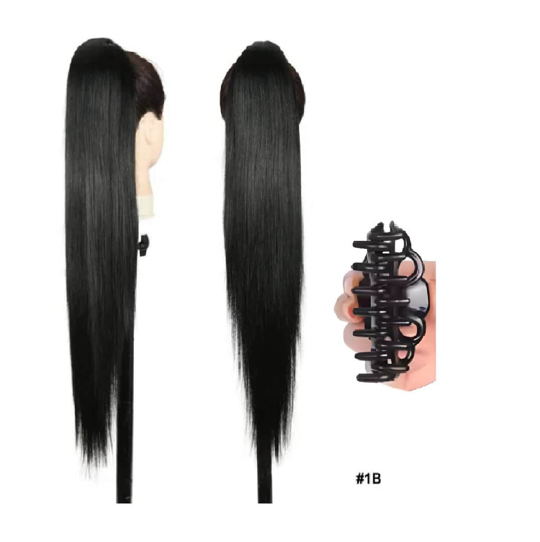 kanekalon-straight-ponytail-fiber-1b-black-woman-hairstyle-CLAW Ποστίς Αλογοουρά Ponytail συνθετική τρίχα Kanekalon υψηλής ποιότητας με Κλάμερ - Ίσια Μαύρο # 1B 71cm - Image 1