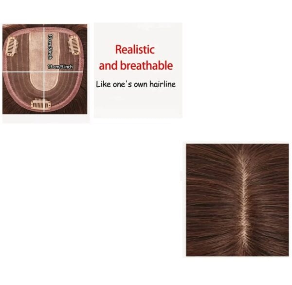 Γυναικείο Topper Τουπέ κορυφής μαλλιών από φυσική τρίχα χωρίστρα στο χρώμα του δέρματος με φράντζα- Καστανό σκούρο 35cm - Image 4
