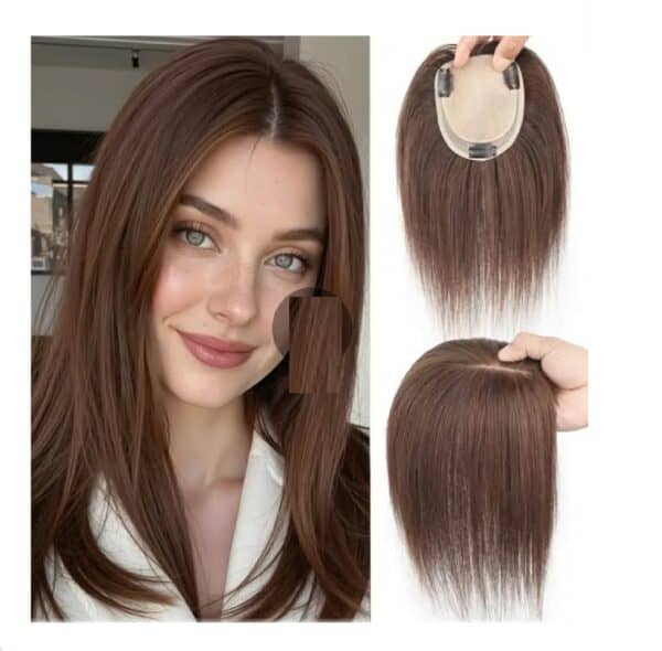 Γυναικείο Topper Τουπέ κορυφής μαλλιών από φυσική τρίχα χωρίστρα στο χρώμα του δέρματος - Καστανό Mocka 30cm - Image 2