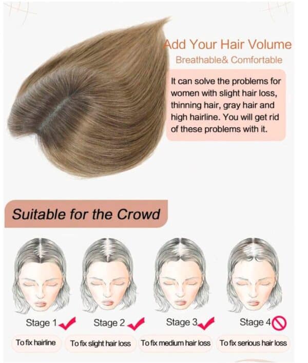 Γυναικείο Topper Τουπέ κορυφής μαλλιών από φυσική τρίχα και διάφανη βάση  - Καστανό ανοιχτό χρώμα με σκούρη ρίζα 10 inches - Image 3