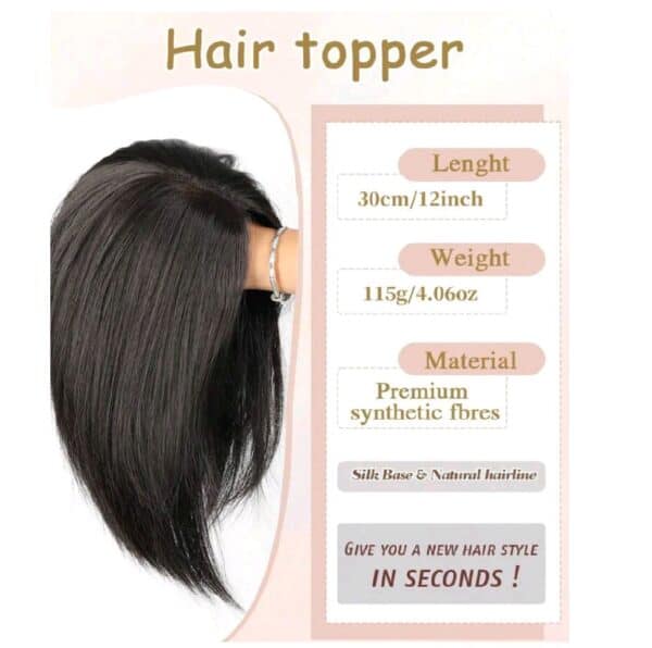 Γυναικείο Topper Τουπέ κορυφής μαλλιών με κλιπ μεγάλης επιφάνειας με διάφανη χωρίστρα - Μαύρο χρώμα 30cm - Image 2