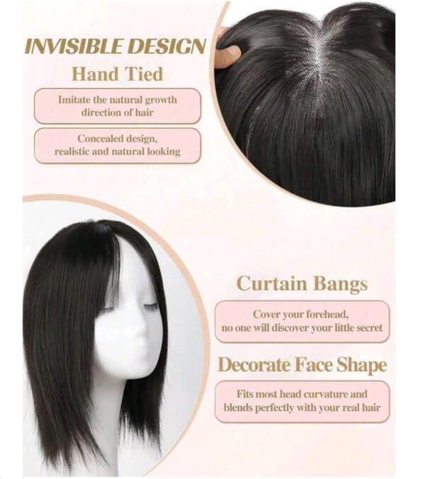 Γυναικείο Topper Τουπέ κορυφής μαλλιών με κλιπ μεγάλης επιφάνειας με διάφανη χωρίστρα - Μαύρο χρώμα 30cm - Image 4