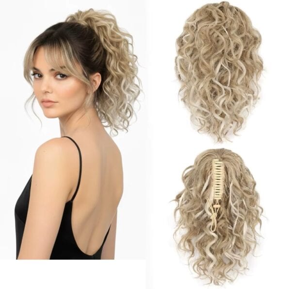 Ποστίς Αλογοουρά curly Ponytail συνθετική τρίχα υψηλής ποιότητας με κλάμερ - Σκούρο ξανθό με ανταύγειες 30 cm - Image 3
