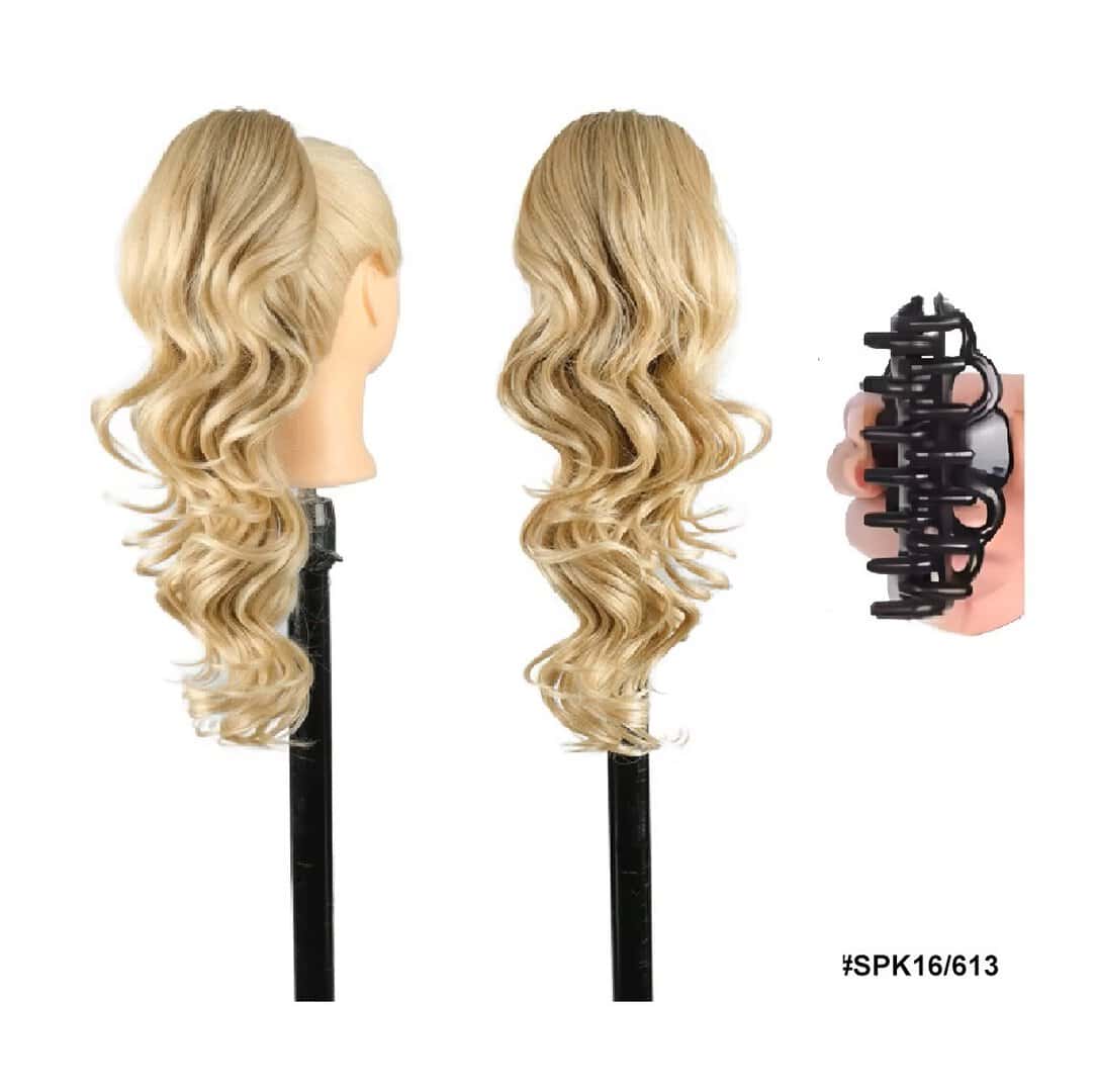 kanekalon-loose-curl-50cm-dark-blonde-highlights-ponytail-claw Ποστίς Αλογοουρά Ponytail συνθετική τρίχα Kanekalon υψηλής ποιότητας με Κλάμερ- Loose curl Ξανθό σκούρο με ξανθές ανταύγειες χρώμα #SPK16/613 - Image 1