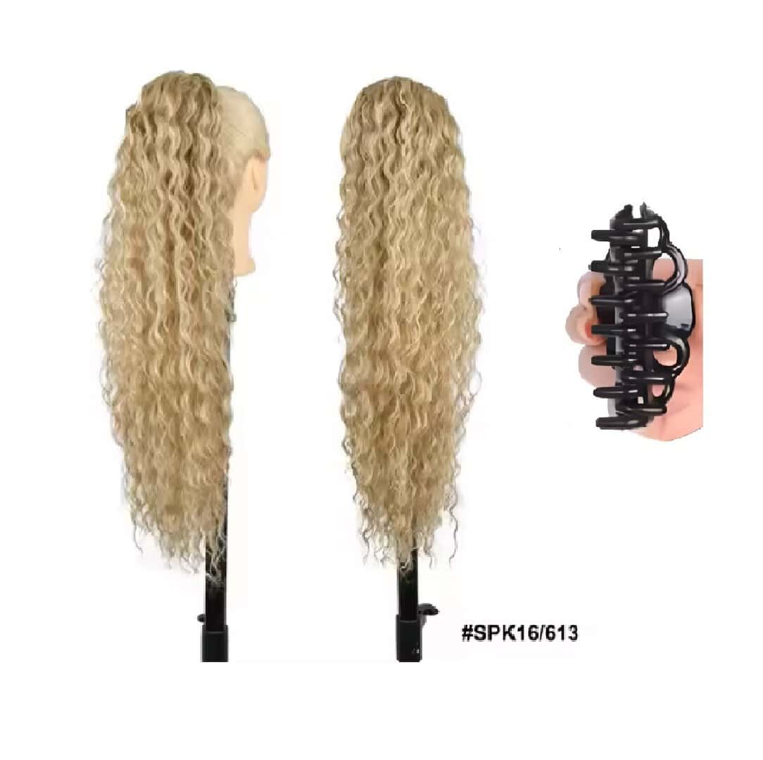 kanekalon-water-wave-71-dark-blonde-blonde-highlights-ponytail-claw Ποστίς Αλογοουρά Ponytail συνθετική τρίχα Kanekalon υψηλής ποιότητας με κλάμερ- Water Wave Ξανθό σκούρο με ξανθές ανταύγειες #SPK16/613 71cm - Image 1