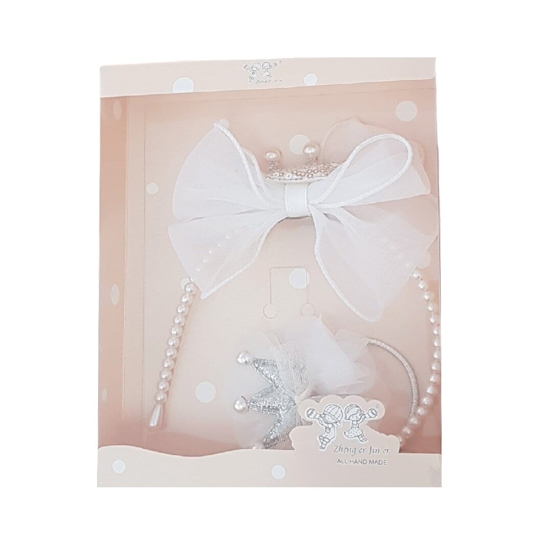 box-white-set-baptism Κούτι Σετ Στέκα Παιδική με τούλι και λαστιχάκι κορώνα Βάφτισης- παρανυφάκι White 02 - Image 1