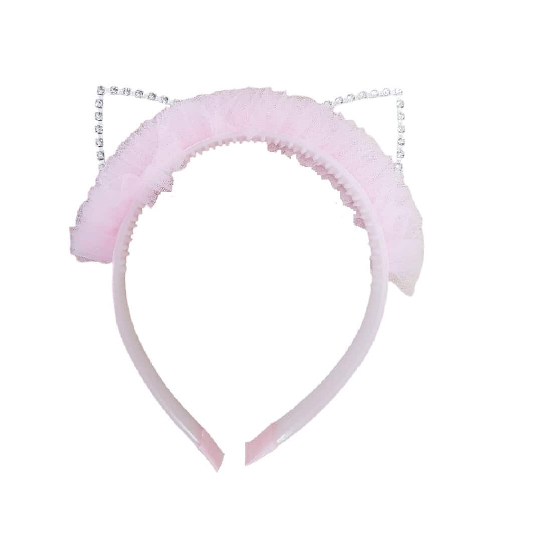cat-ears-pink-heabdand Στέκα Ροζ τούλι Cat ears με κρυσταλλάκια - Image 1