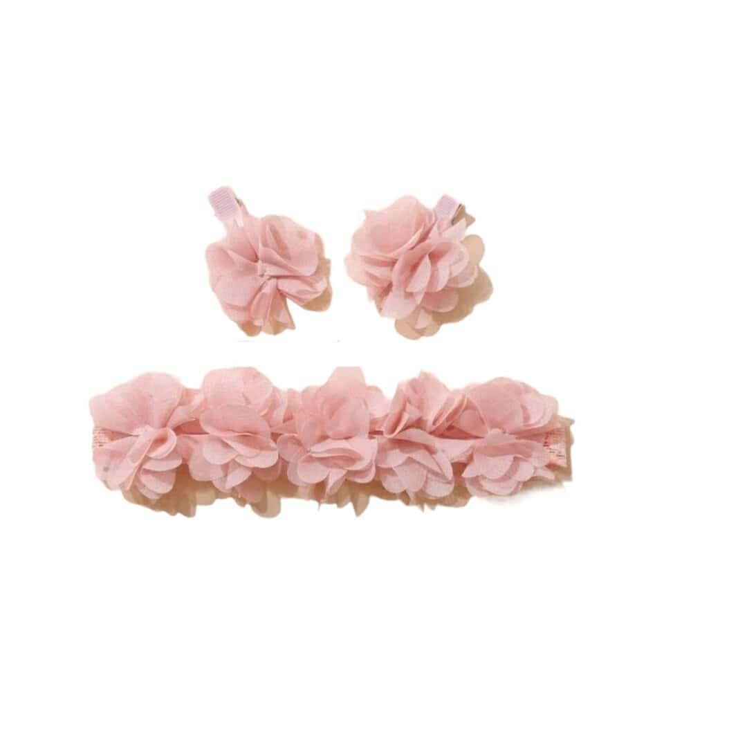 flower-heaband-dusty-pink-clip-set Παιδική- Βρεφική Dusty Pink κορδέλα με λουλούδια + 2 κλιπ για βάφτιση και παρανυφάκια 0-5 χρονών - Image 1