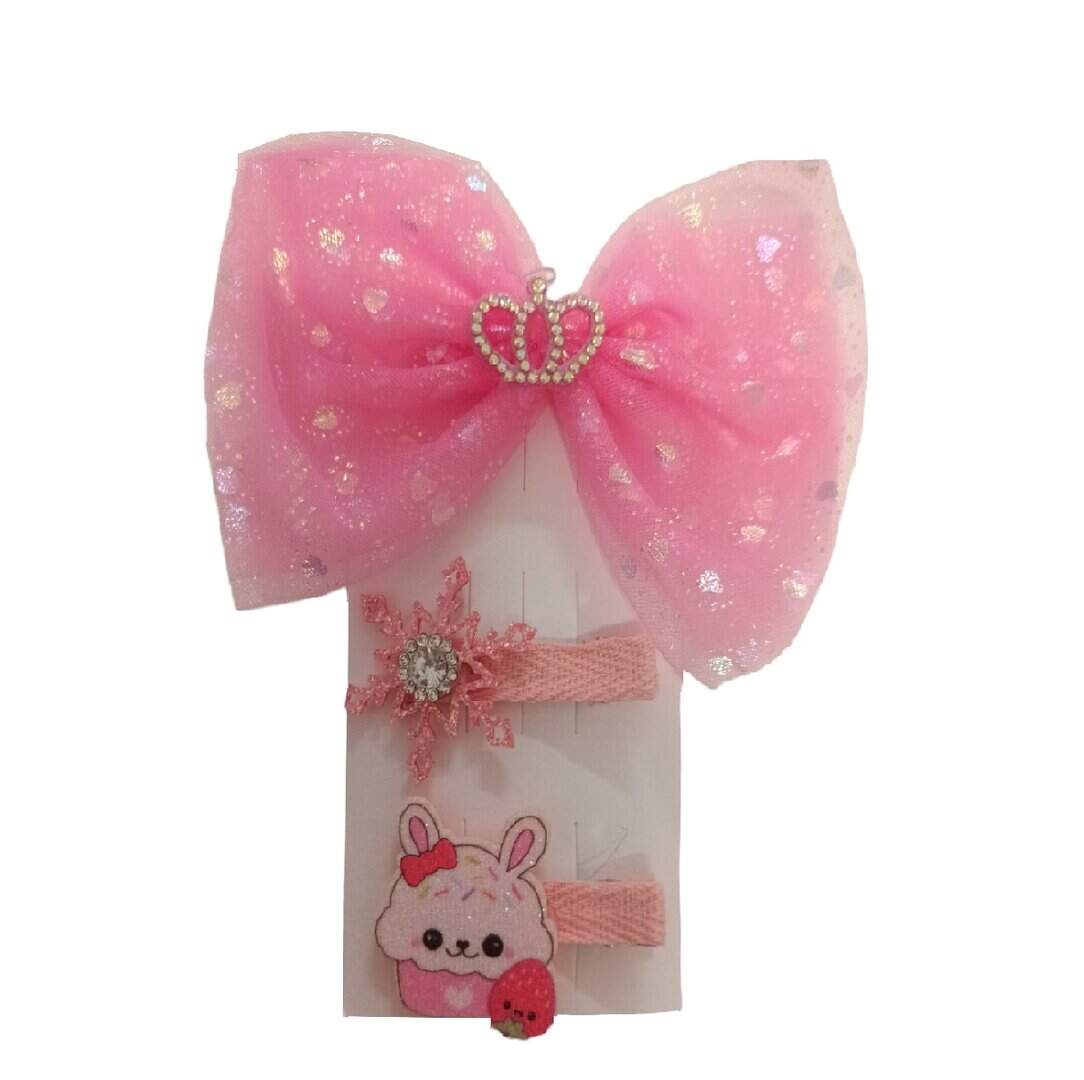 pink-set-3-clps-bow Σετ 3 τμχ Clip -Κοκαλάκι μαλλιών Bow Pink crown μεγάλος φιόγκος - Image 1
