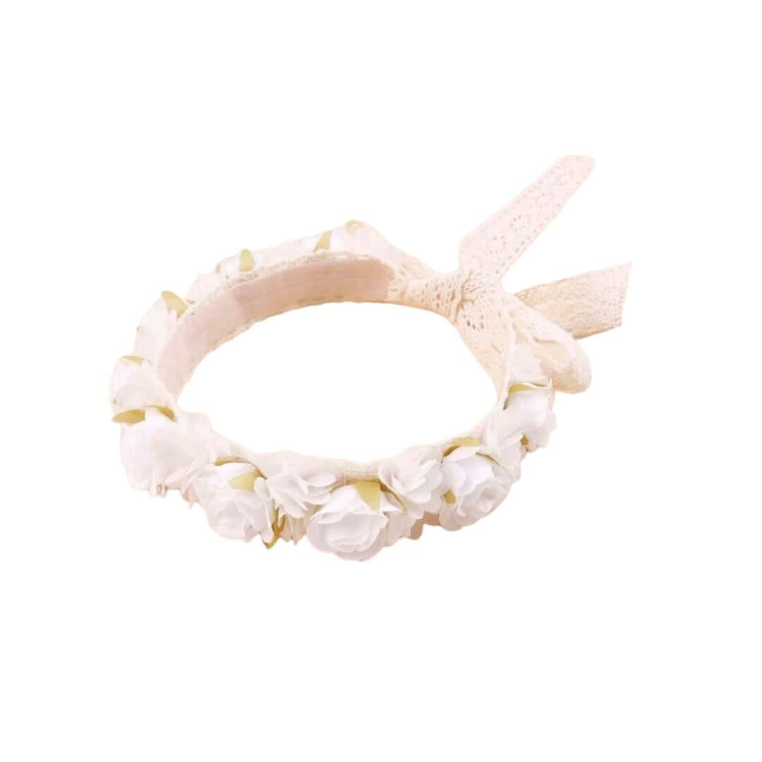 HEADBAND-CROWN-WHITE-FLOWERS-GIRL Παιδικό-βρεφικό λευκό στεφάνι κορδέλα με τριαντάφυλλα και δαντέλα για βάφτιση - Image 1