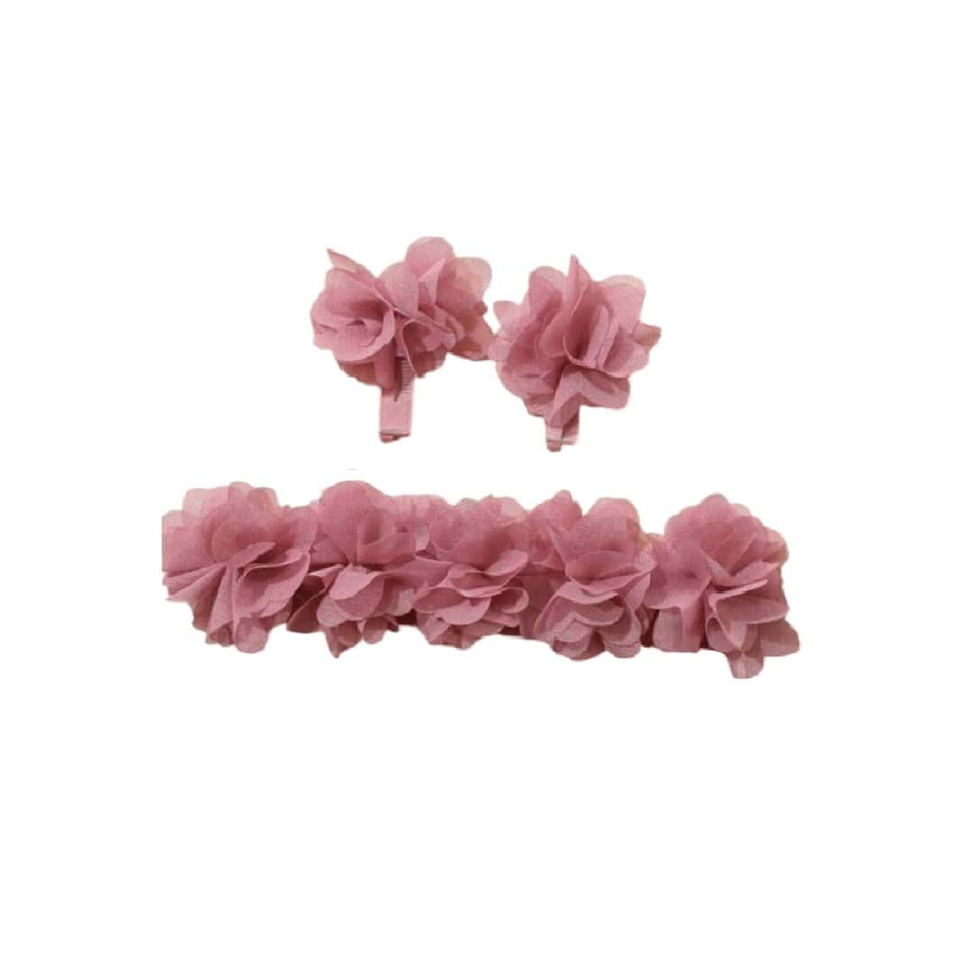clip-headband-set-dusty-pink Σετ Παιδική- Βρεφική κορδέλα με λουλούδια και δαντέλα για βάφτιση και παρανυφάκια και 2 κλιπ 0-5 χρονών Dusty Pink - Image 1