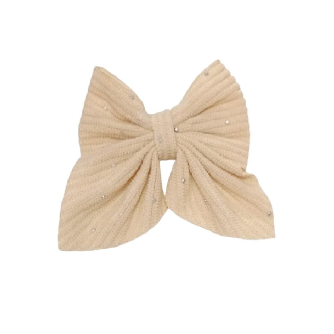 beige-clip-bow-protection-hair Clip -Κοκαλάκι μαλλιών Velvet strass φιόγκος με προστασία 7cm - Beige - Image 1