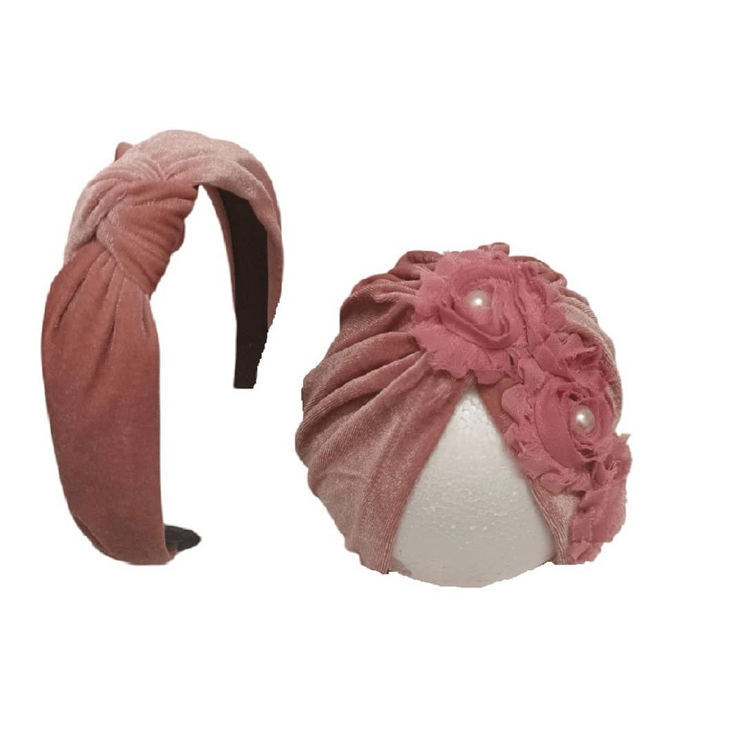 VELVET-DIRT-PINK-HEADBAND-TURBAN Σετ Μαμά-Κόρη Βελούδινη Γυναικεία Στέκα με βρεφικό Τουρμπάνι 0-2 χρονών- Dirty Pink - Image 1