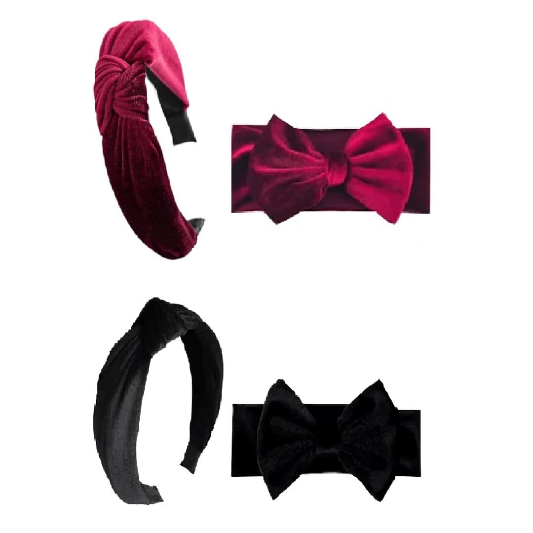 mother-daughter-2-sets 2 Σετ Μαμά-Κόρη Βελούδινη Γυναικεία Στέκα με βρεφική-παιδική κορδέλα 0-8 χρονών - Wine Red and Black - Image 1