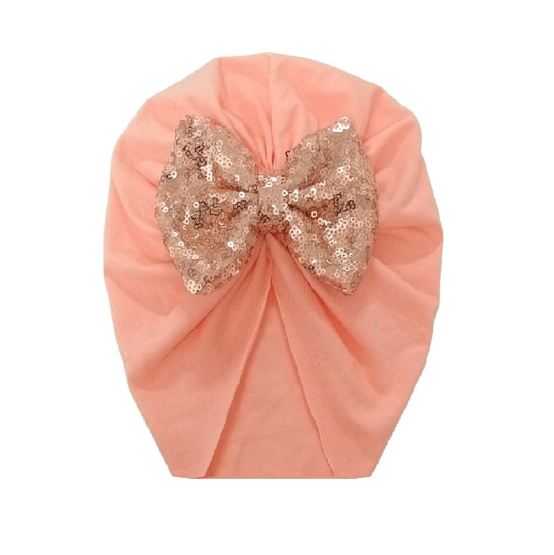 peach-turban-baby-poulies-strass Παιδικό- Βρεφικό Μαλακό ελαστικό τουρμπάνι μαλλιών φιόγκο με πούλιες 0 -4χρονών - Peach - Image 1